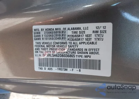 2013 Honda Odyssey Ex-L from USA, damaged, VIN 5FNRL5H62DB036865
